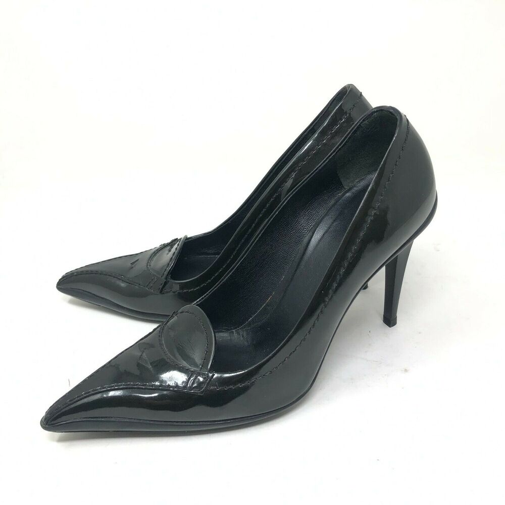 Miu Miu Women's Size 35.5 Pointed Toe Black Patent Leather Penny Loafer Heel - Picture 4 of 9